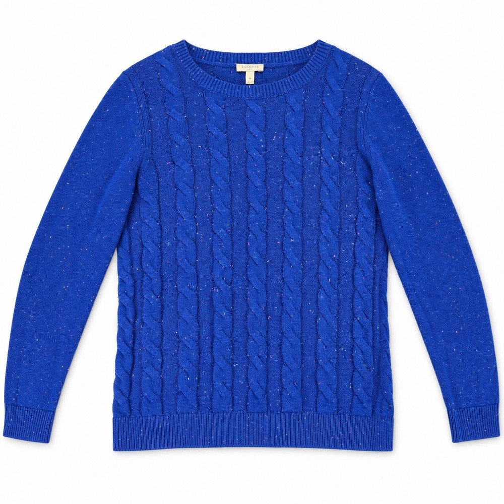 Talbots Sweater Womens M Blue Confetti Cable Knit Cotton Blend Crew Neck Preppy